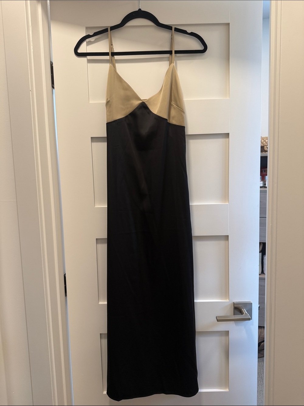 Commense Two-Tone Satin Maxi Dress in Black and Champagne